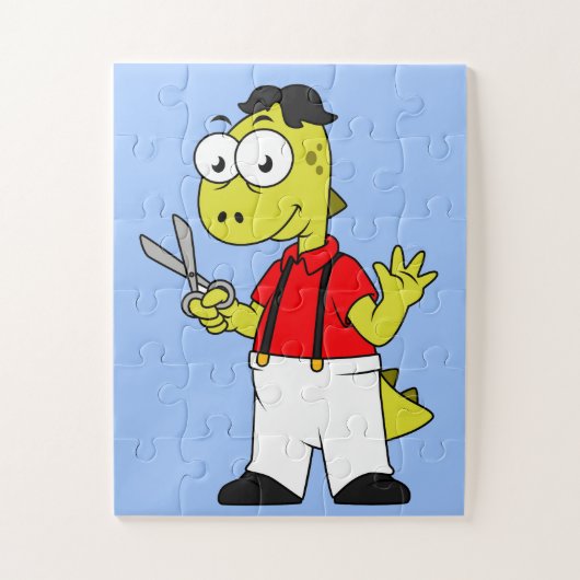 Tyrannosaurus rex kapper met schaar. legpuzzel (Verticaal)