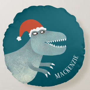 Tyrannosaurus Rex Kerstman Santa Hoed Persoonlijk Rond Kussen