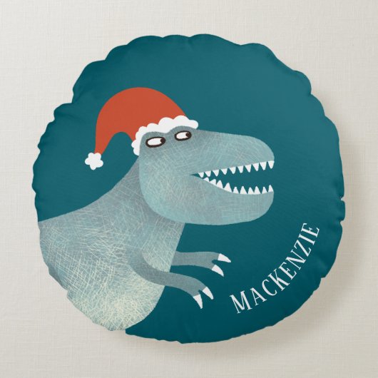Tyrannosaurus rex kerstmuts gepersonaliseerd rond kussen (Voorkant)
