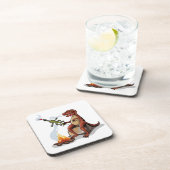 Tyrannosaurus rex koken voedsel boven een kampvuur bier onderzetter (Rechterzijde)