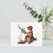Tyrannosaurus rex koken voedsel boven een kampvuur briefkaart (Staand voorkant)