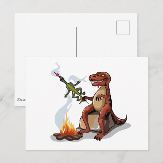 Tyrannosaurus rex koken voedsel boven een kampvuur briefkaart (Voorkant / Achterkant)
