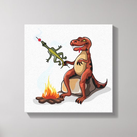 Tyrannosaurus rex koken voedsel boven een kampvuur canvas afdruk (Voorkant)