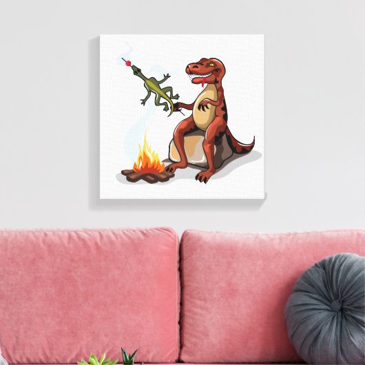 Tyrannosaurus rex koken voedsel boven een kampvuur canvas afdruk (Insitu (Woonkamer))