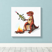 Tyrannosaurus rex koken voedsel boven een kampvuur canvas afdruk (Insitu (Houten vloer))