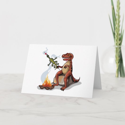 Tyrannosaurus rex koken voedsel boven een kampvuur kaart (Voorkant)