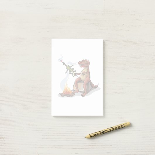 Tyrannosaurus rex koken voedsel boven een kampvuur post-it® notes (Op bureau)