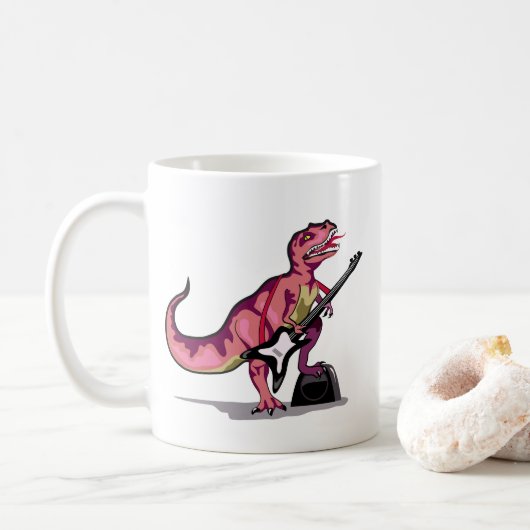 Tyrannosaurus rex speelt gitaar. koffiemok (Met donut)