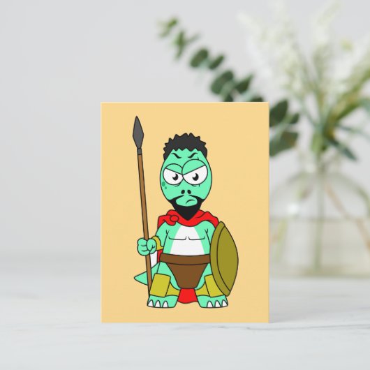 Tyrannosaurus rex verkleed als Leonidas. Briefkaart (Staand voorkant)