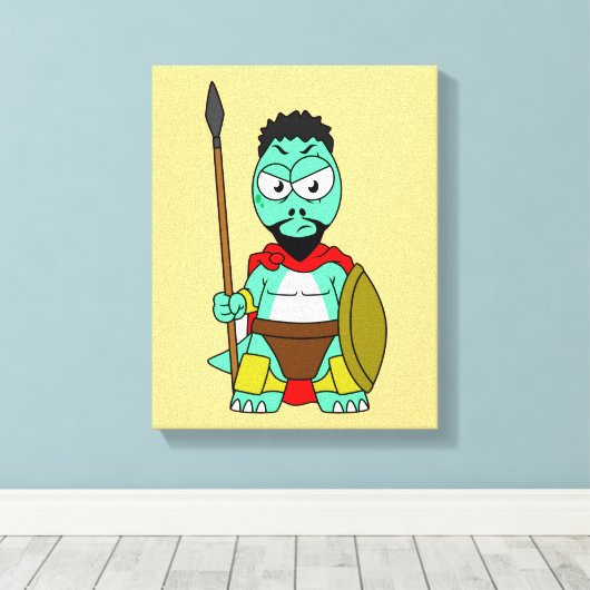 Tyrannosaurus rex verkleed als Leonidas. Canvas Afdruk (Insitu (Houten vloer))