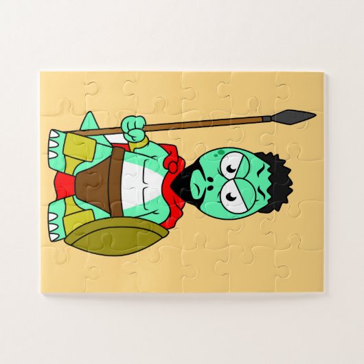 Tyrannosaurus rex verkleed als Leonidas. Legpuzzel (Horizontaal)