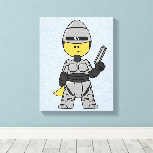 Tyrannosaurus rex verkleed als robocop. canvas afdruk (Insitu (Houten vloer))