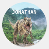 Tyrannosaurus T-rex Dinosaur Monogram naam Ronde Sticker (Voorkant)