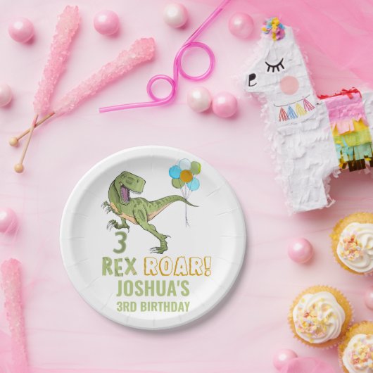 Tyrannosaurus Three Rex Dino 3e verjaardag Papieren Bordje (Feest)