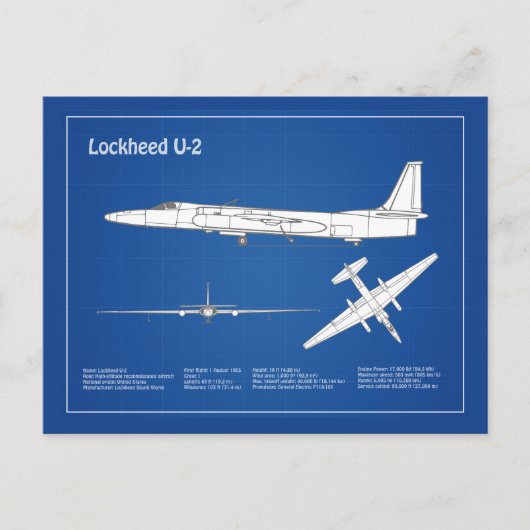 U-2 Dragon Lady - Vliegtuig Blauwdruk Plannen ABD Briefkaart (Voorkant)