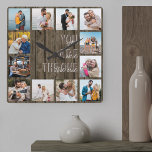 U bent de One Quote 12 Photo Brown Wood Vierkante Klok<br><div class="desc">Fotoklok met romantische quote en 12 van uw favoriete afbeeldingen. Het fotomalplaatje is opstelling voor u om uw eigen fotocollage van de netstijl aan lijst te creëer het citaat leest "u bent". Het ontwerp is letterlijk afgebeeld in een moderne, overmaatse afdruk en casual scripttypografie met een bruine achtergrond van landschors-houteffecten....</div>