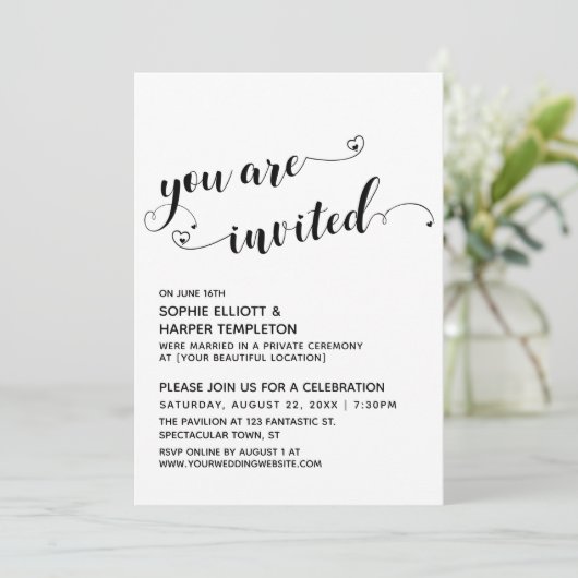 U bent uitgenodigd, Hearts Script alleen ontvangst Kaart (Staand voorkant)