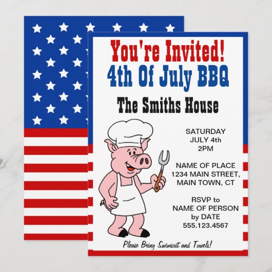 U bent uitgenodigd op 4 juli BBQ-Cartoon Kaart (Voorkant / Achterkant)