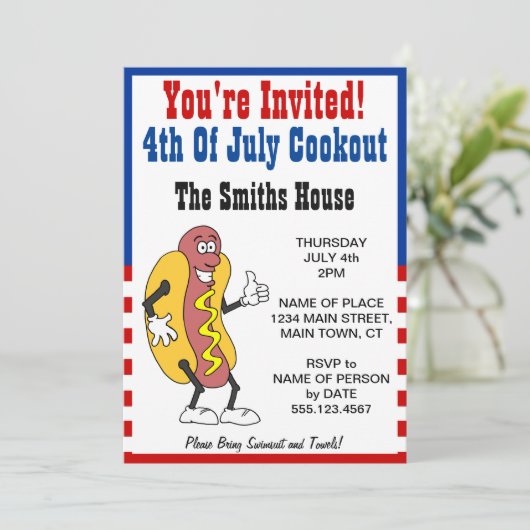 U bent uitgenodigd op 4 juli Cookout Hot Dog Carto Kaart (Staand voorkant)
