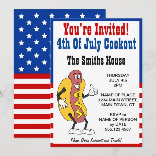 U bent uitgenodigd op 4 juli Cookout Hot Dog Carto Kaart (Voorkant / Achterkant)