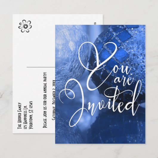 U bent uitgenodigd op een feestdag, Blue Glass Bal Uitnodiging Briefkaart (Voorkant / Achterkant)