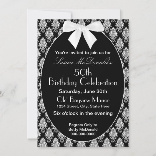 U bent uitgenodigd, wit/zwart Damaspatroon, ovaal Kaart (Achterkant)