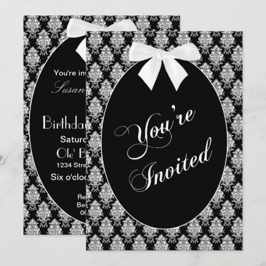 U bent uitgenodigd, wit/zwart Damaspatroon, ovaal Kaart (Voorkant / Achterkant)