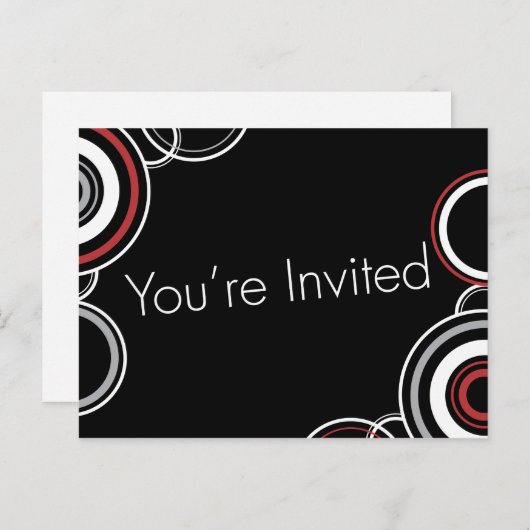 U bent uitgenodigd - Zwarte & Rode Cirkels Uitnodiging Briefkaart (Voorkant / Achterkant)