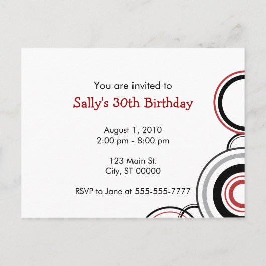 U bent uitgenodigd - Zwarte & Rode Cirkels Uitnodiging Briefkaart (Achterkant)