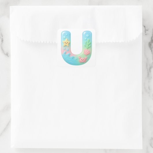 "U" Cute Letter - Underwater Sea Creature  Vierkante Sticker (Tas)