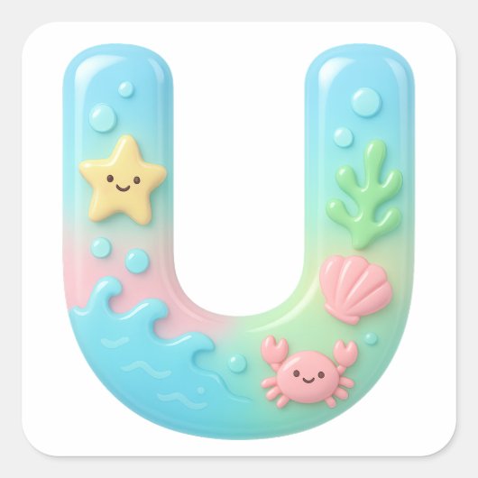 "U" Cute Letter - Underwater Sea Creature  Vierkante Sticker (Voorkant)