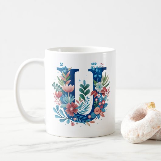 'U' decoratief bloemmonogram Koffiemok (Met donut)
