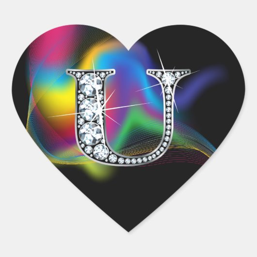 "U" Diamond Bling on Rainbow Swirl Heart Sticker (Voorkant)