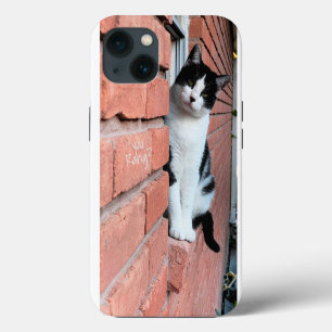 U Heeft Gebeld? Zwart/Witte Kat op Bakstenen Venst iPhone 13 Hoesje
