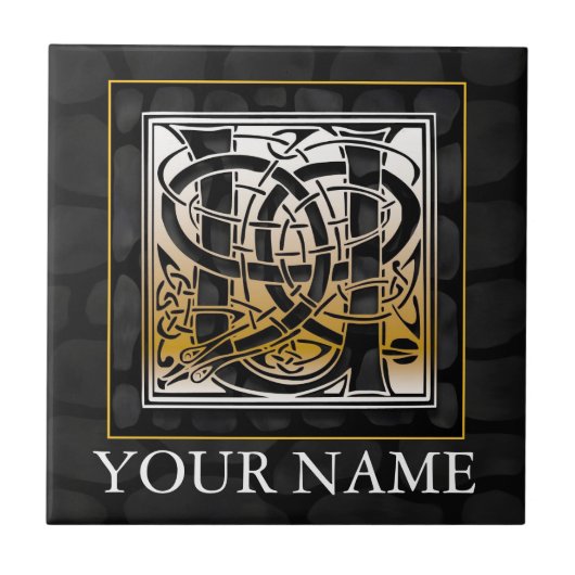 U "Jouw naam" Celtic Black Stone Monogram Tegel Tegeltje (Voorkant)
