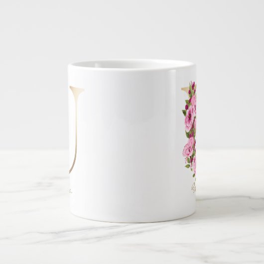 U Letter Gold Monogram Roze Magenta Floral Grote Koffiekop (Voorkant)