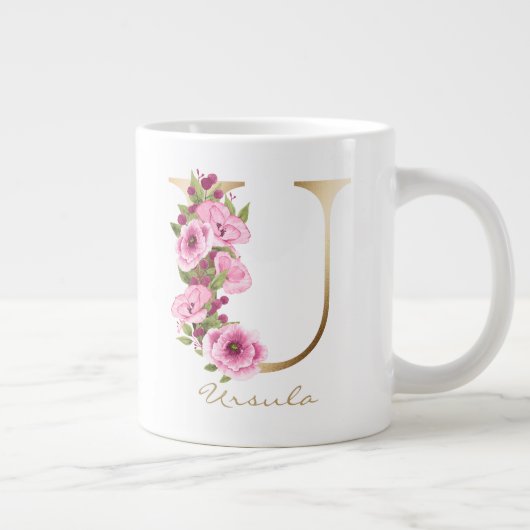 U Letter Gold Monogram Roze Magenta Floral Grote Koffiekop (Rechts)