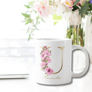 U Letter Gold Monogram Roze Magenta Floral Grote Koffiekop