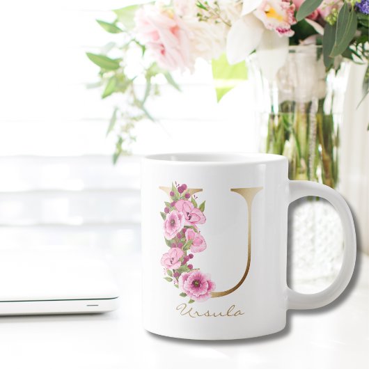 U Letter Gold Monogram Roze Magenta Floral Grote Koffiekop