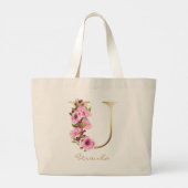 U Letter Gold Monogram Roze Magenta Floral Grote Tote Bag (Achterkant)