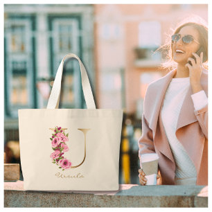 U Letter Gold Monogram Roze Magenta Floral Grote Tote Bag