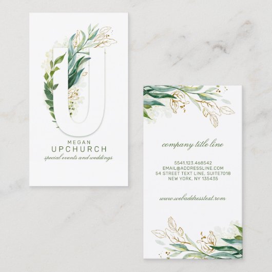 U Letter Monogram Gold Greenery Leaves Elegant Visitekaartje (Voorkant / Achterkant)