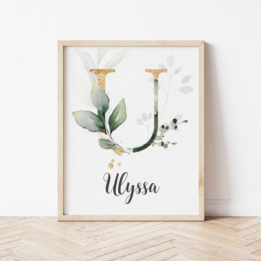 U Letter Monogram Groene Muurprint met Baby Naam Poster
