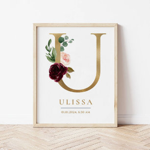 U Letter Monogram Naam Marsala Bloemenkwekerij Poster