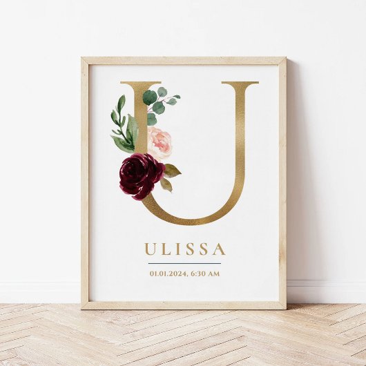 U Letter Monogram Naam Marsala Bloemenkwekerij Poster