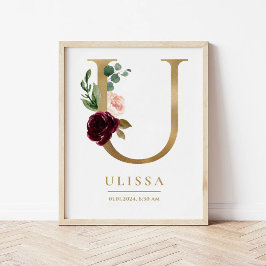 U Letter Monogram Naam Marsala Bloemrijke Kinderka Poster