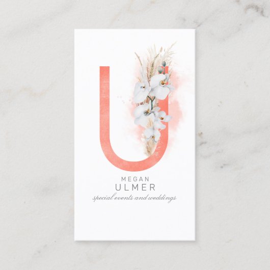 U Letter Monogram White Orchids and Pampas Grass Visitekaartje (Voorkant)