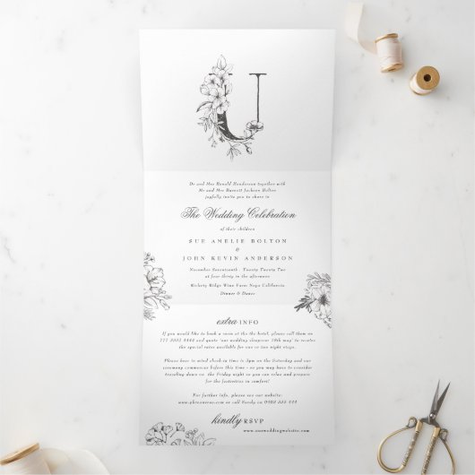 'U' Monogram mooi gebottelde Florale bruiloft Drieluik Uitnodiging (Binnen)