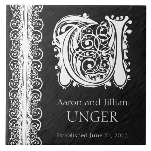U Monogram "White Lace on Black" bruiloft Tegel Tegeltje (Voorkant)