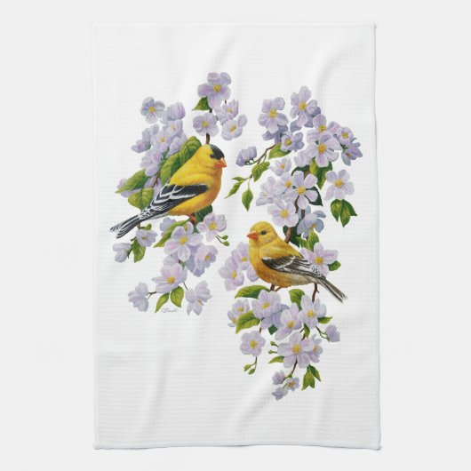 U-Pick achtergrondkleur Goldfinch Birds & Flowers Theedoek (Verticaal)